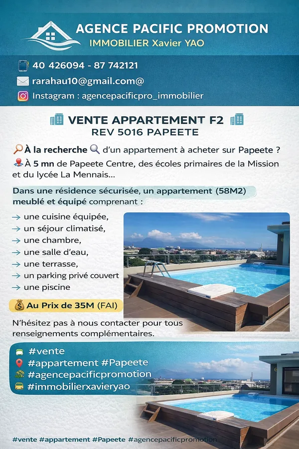A VENDRE APPAREMMENT F2 PAPEETE MISSION