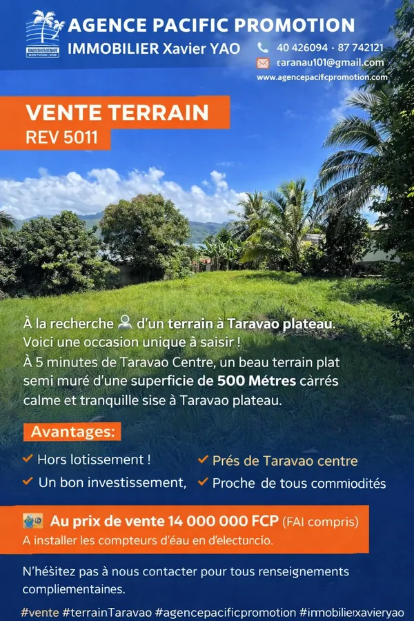 TERRAIN À VENDRE PLATEAU DE TARAVAO
