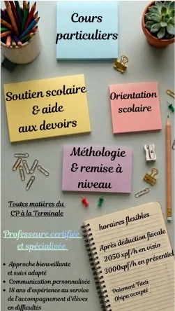 Soutien scolaire et cours particuliers personnalisés : 18 ans d'expérience (30 min offertes)