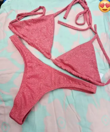 Bikini brésilien (string) M rose paillette